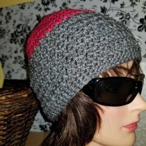Unisex Adult Teen Beanie Hat Rosy Pink Grey Heather Crochet Knit Watch Cap Vegan